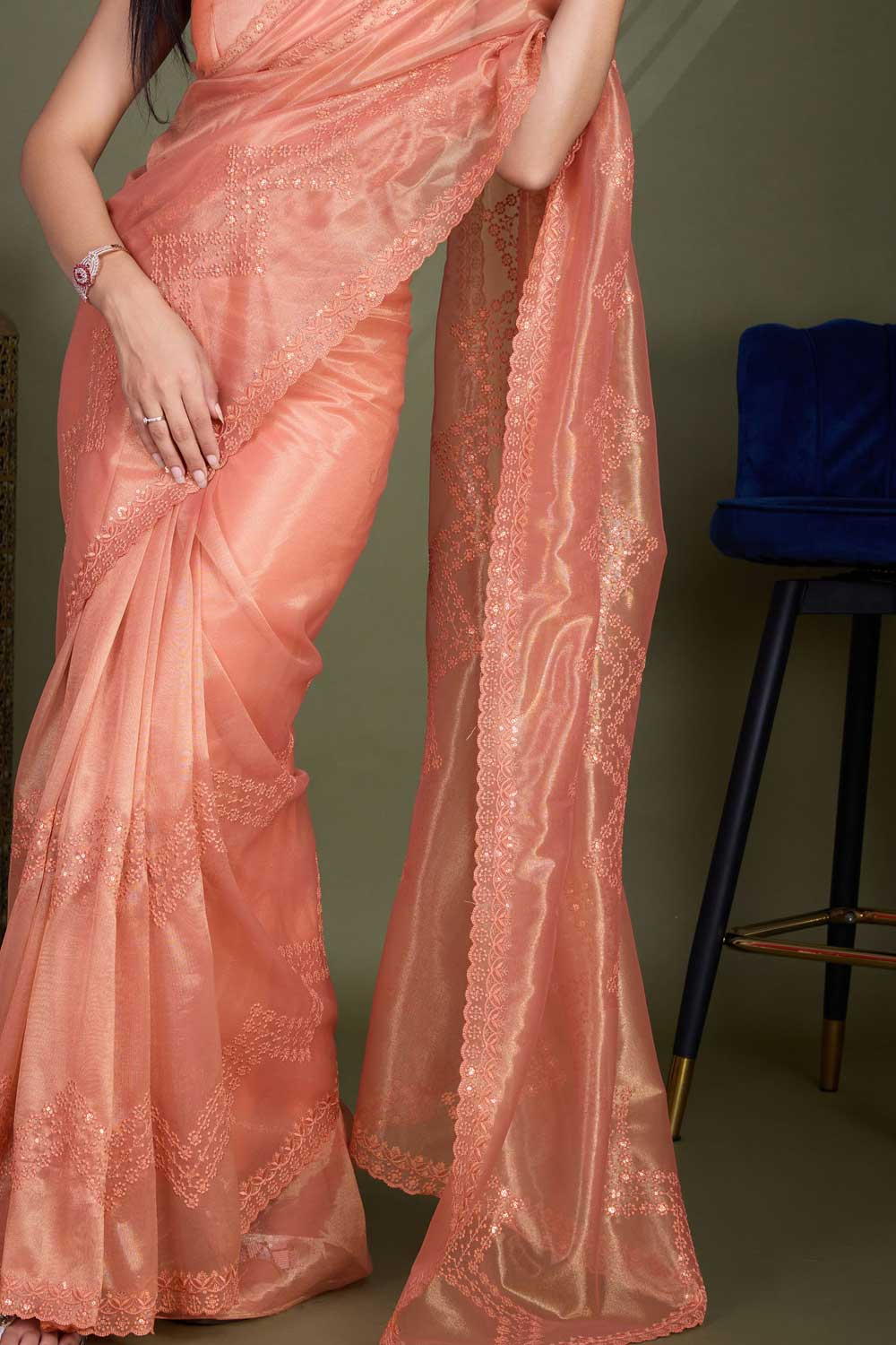 Party Look Net Fabric Peach Color Saree | Buy Online India