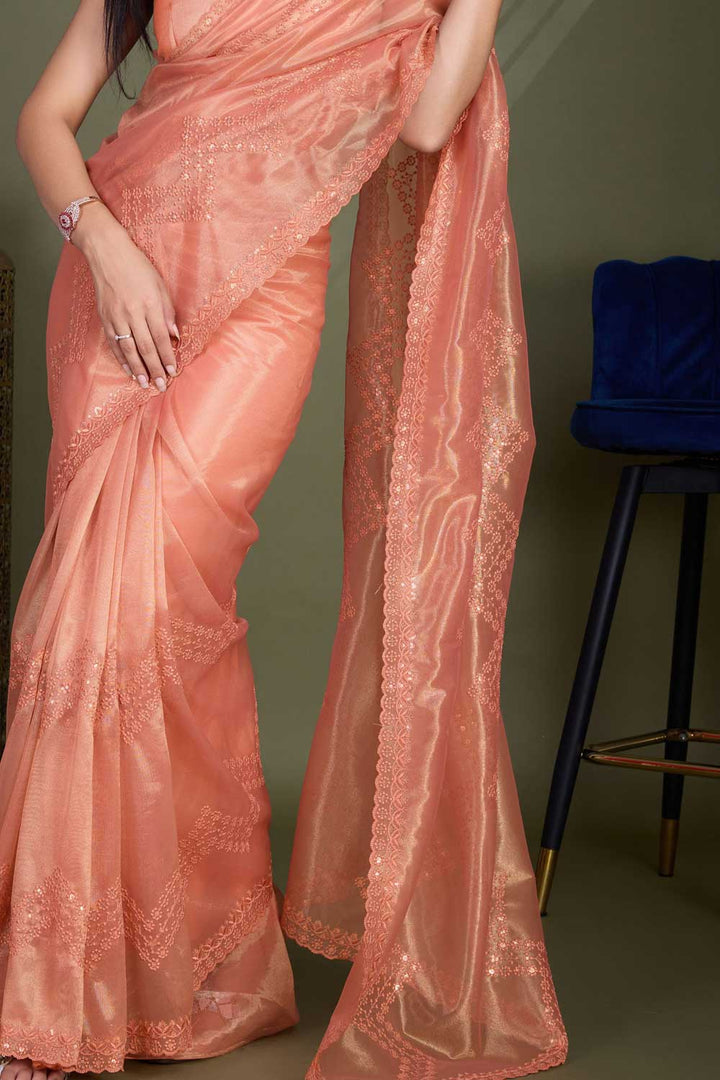 Party Look Net Fabric Peach Color Saree | Buy Online India