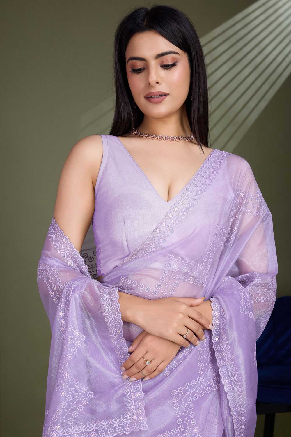Stylish Net Fabric Lavender Color Saree For Party | Buy Online India