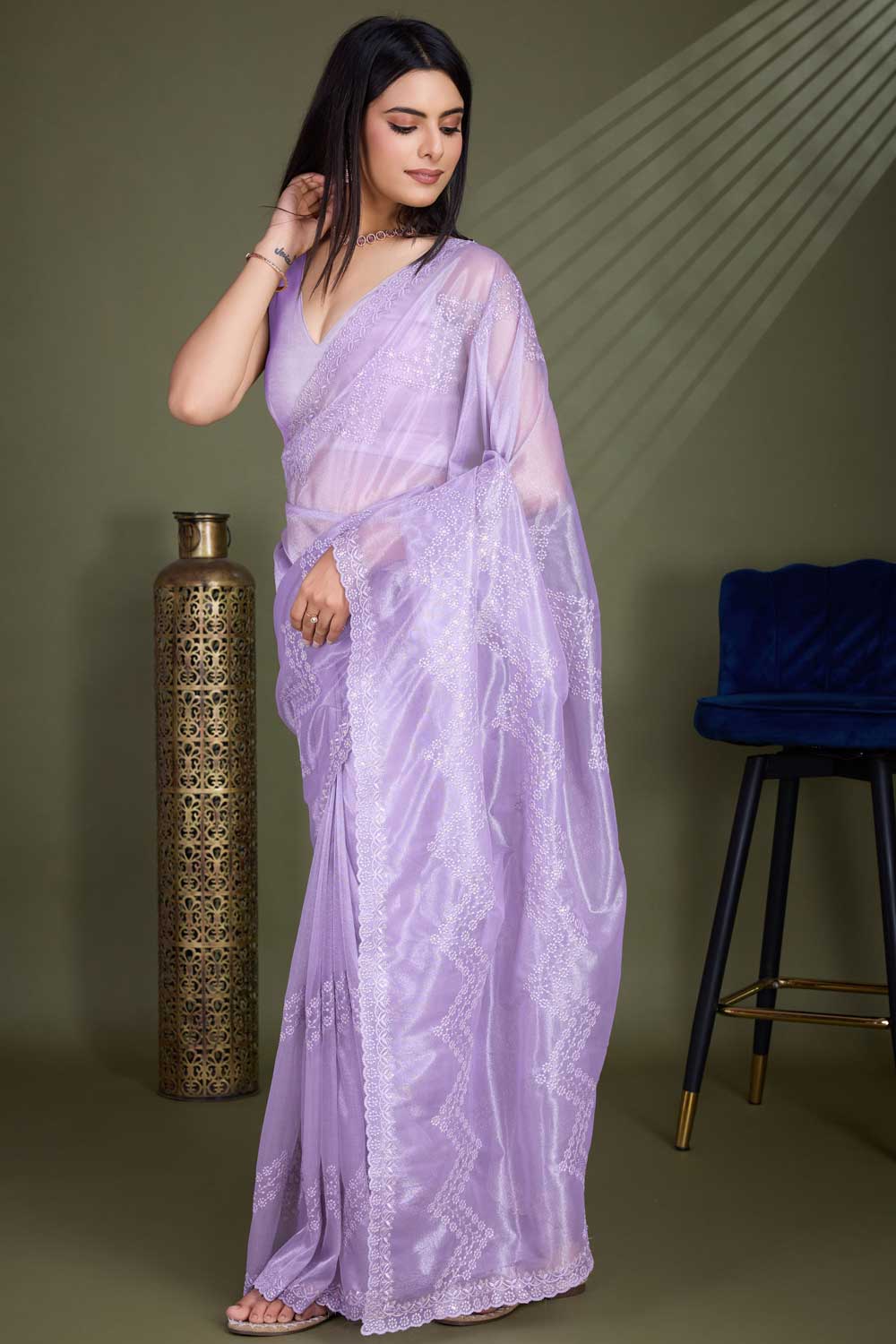 Stylish Net Fabric Lavender Color Saree For Party | Buy Online India