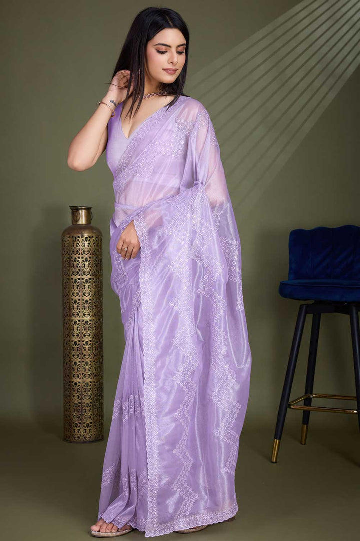 Stylish Net Fabric Lavender Color Saree For Party | Buy Online India