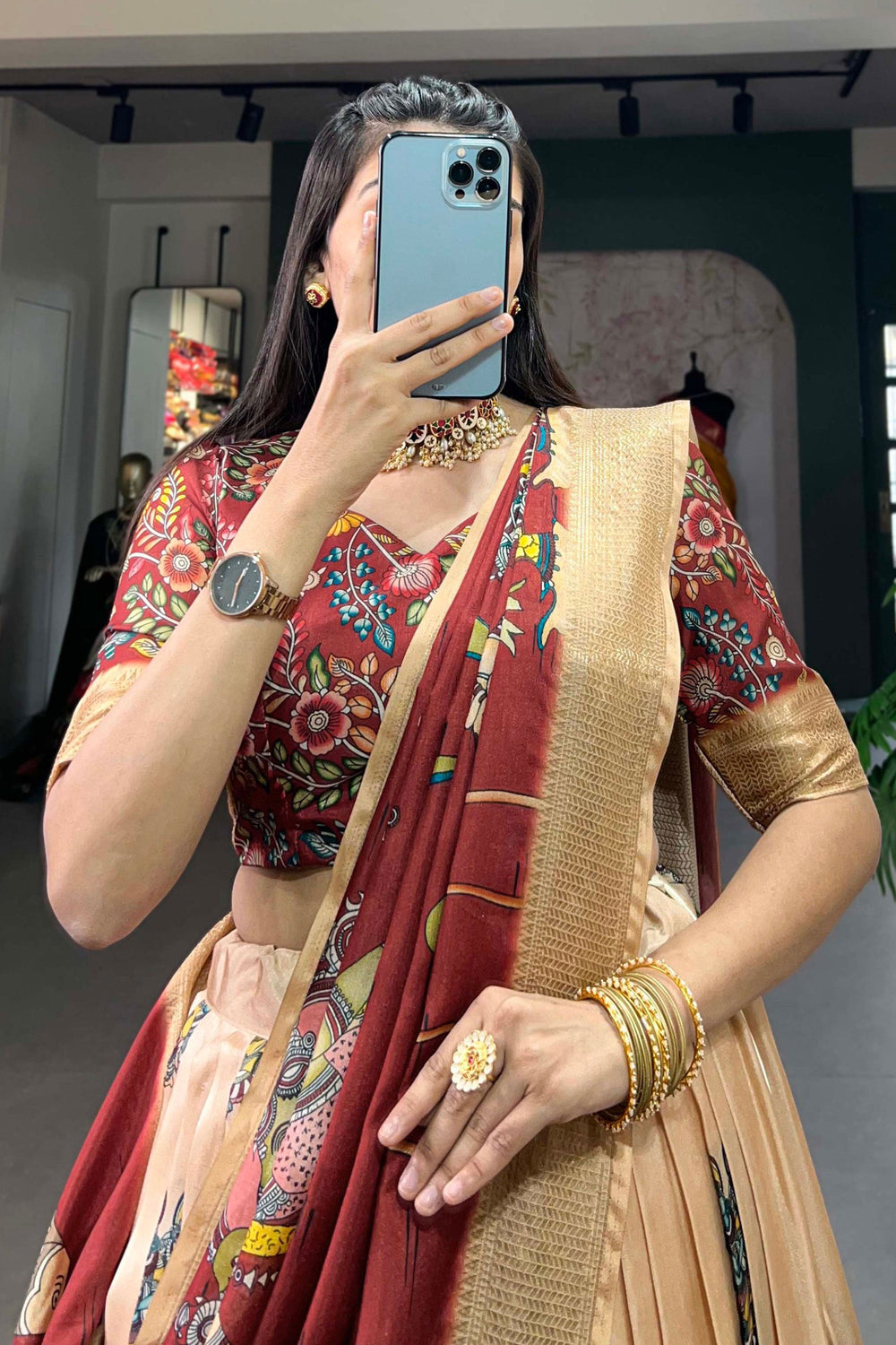 Peach Color Dola Silk Fabric Beatific kalamkari printed Lehenga | Buy Online India