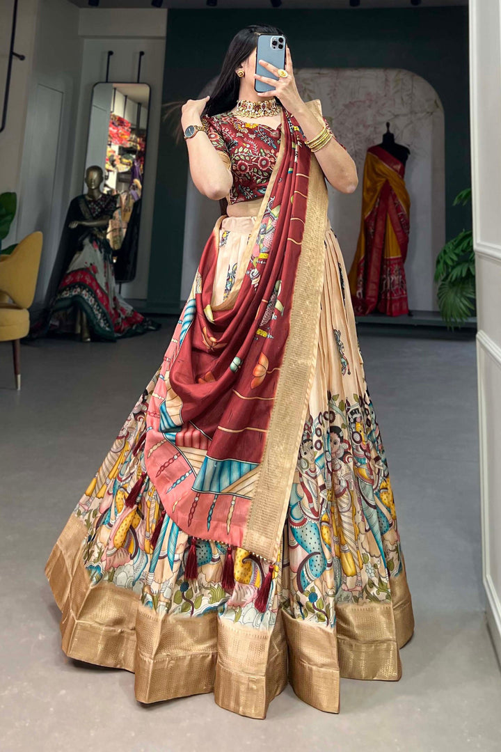 Peach Color Dola Silk Fabric Beatific kalamkari printed Lehenga | Buy Online India