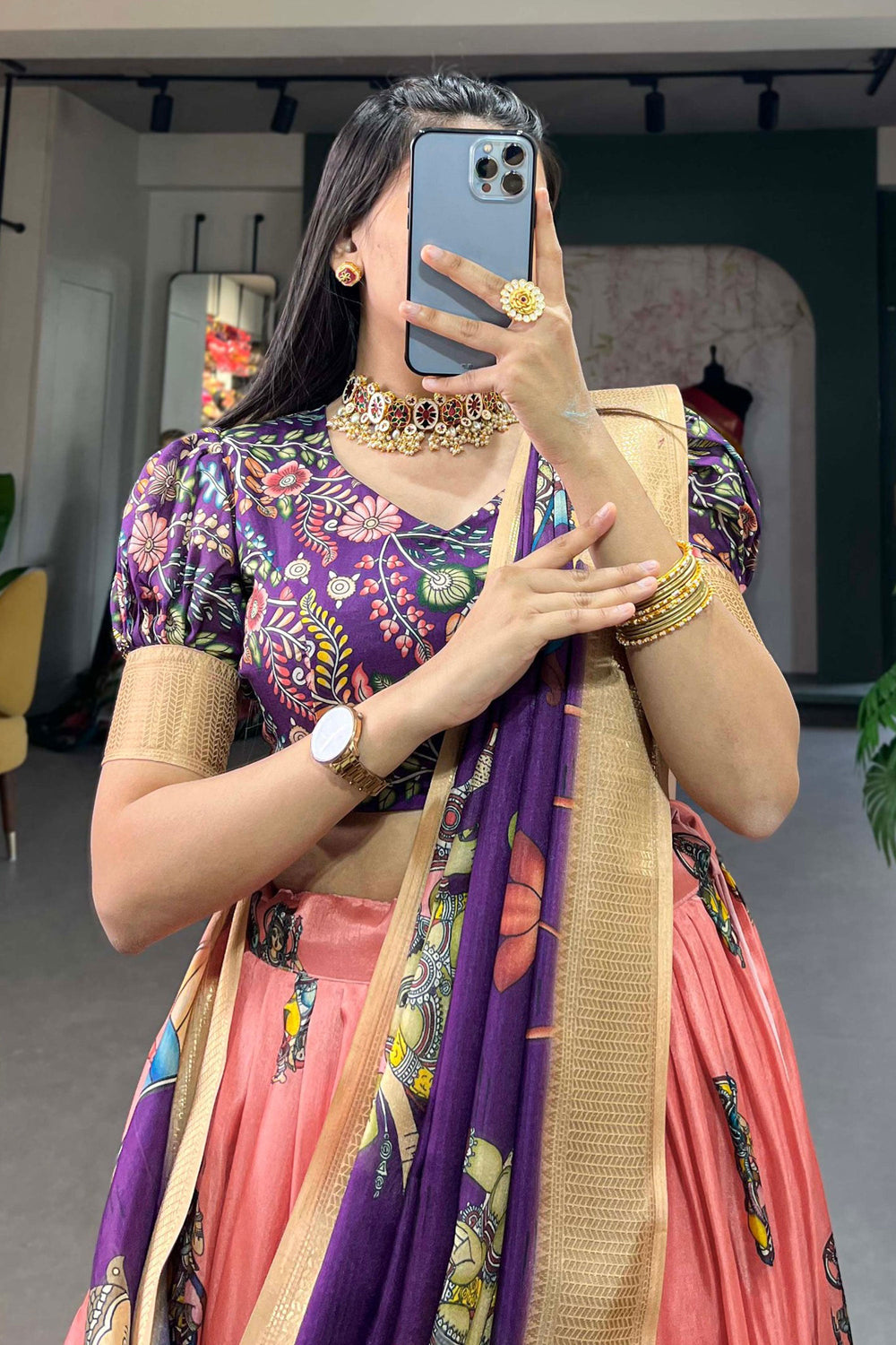 Beguiling Purple Color Dola Silk Fabric kalamkari printed Lehenga | Buy Online India