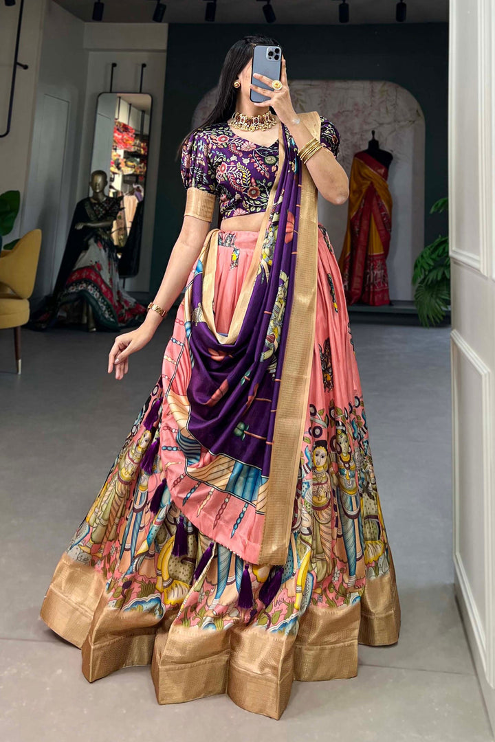 Beguiling Purple Color Dola Silk Fabric kalamkari printed Lehenga | Buy Online India