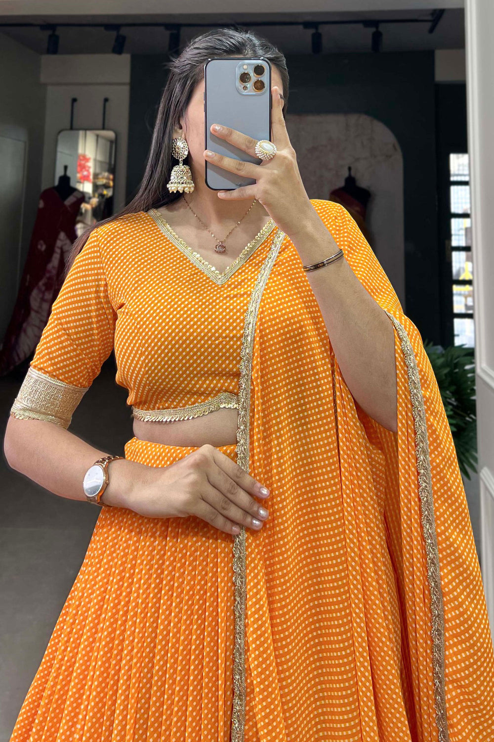 Georgette Fabric Printed Work Luminous Lehenga In Mustard Color | Buy Online India