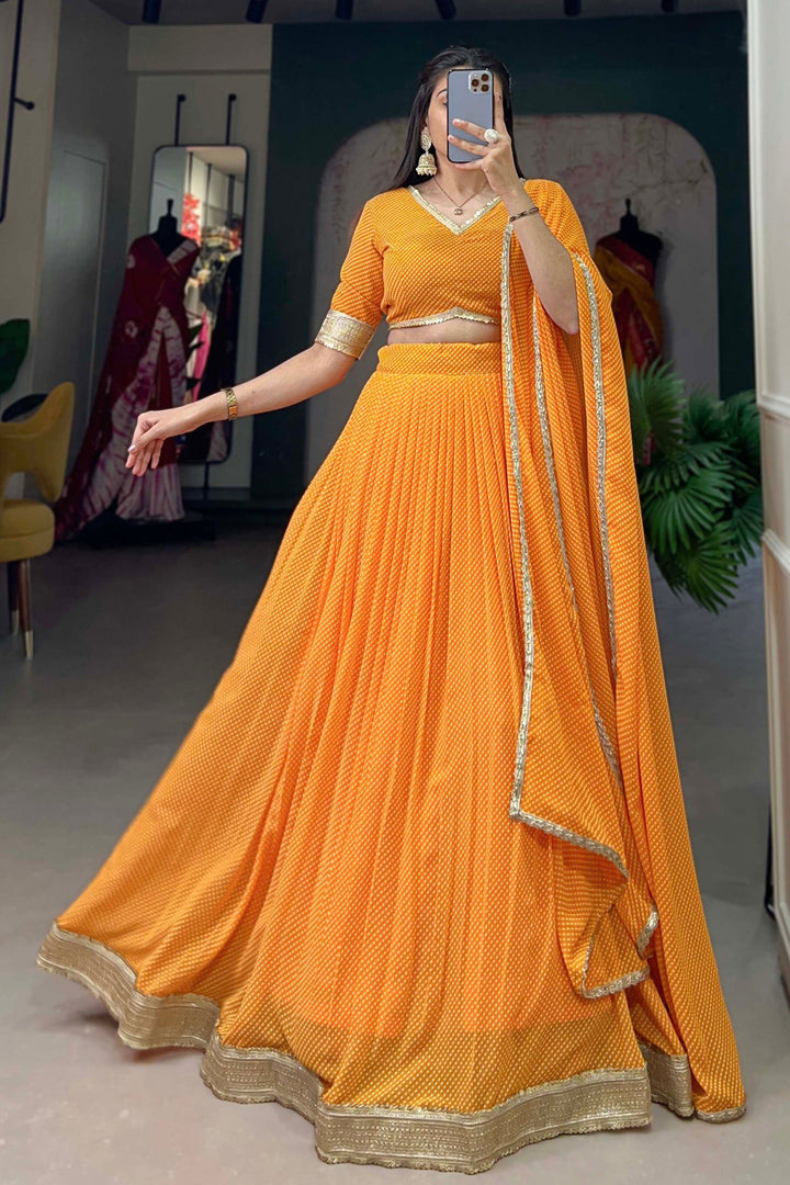 Georgette Fabric Printed Work Luminous Lehenga In Mustard Color | Buy Online India