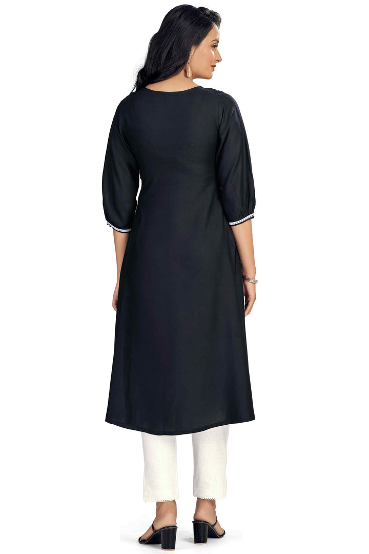 Engaging Black Color Rayon Fabric Readymade Embroidered Kurti | Buy Online India