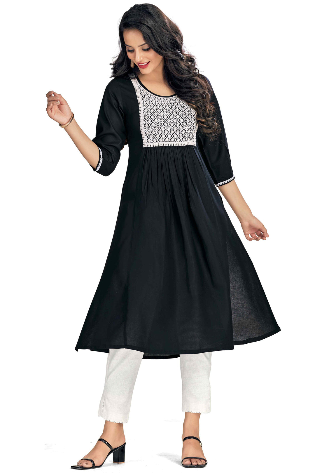 Engaging Black Color Rayon Fabric Readymade Embroidered Kurti | Buy Online India