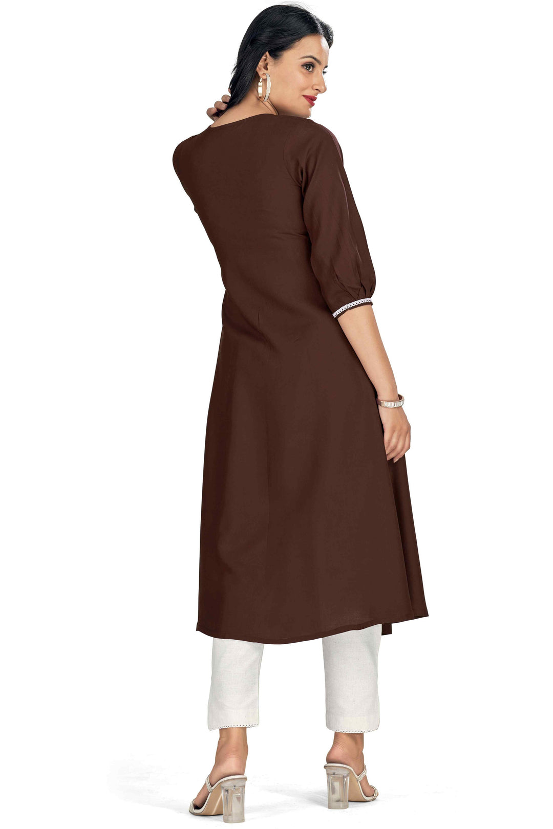 Beguiling Brown Color Rayon Fabric Readymade Embroidered Kurti | Buy Online India