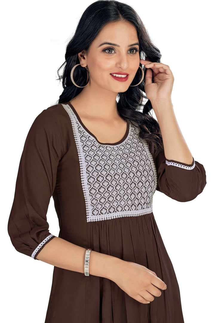 Beguiling Brown Color Rayon Fabric Readymade Embroidered Kurti | Buy Online India
