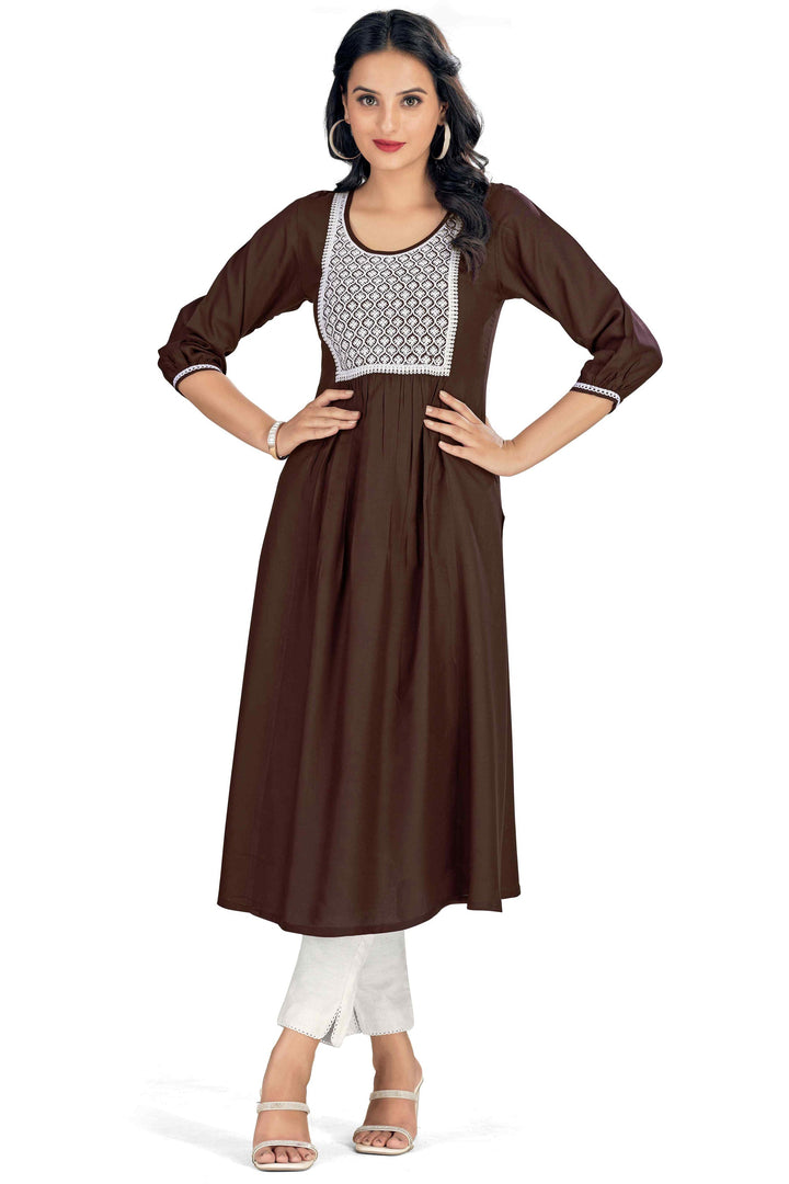 Beguiling Brown Color Rayon Fabric Readymade Embroidered Kurti | Buy Online India