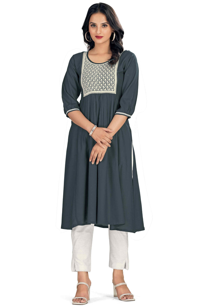 Ingenious Rayon Fabric Grey Color Readymade Embroidered Kurti | Buy Online India