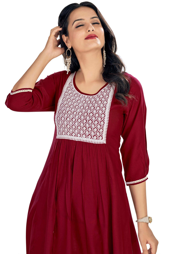 Tempting Rayon Fabric Maroon Color Readymade Embroidered Kurti | Buy Online India