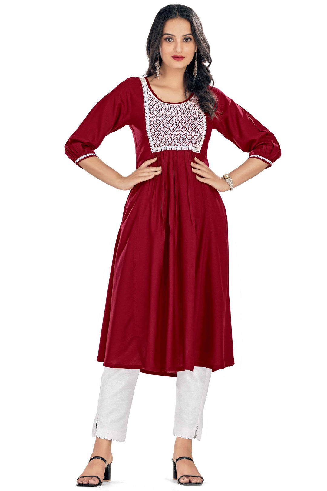 Tempting Rayon Fabric Maroon Color Readymade Embroidered Kurti | Buy Online India