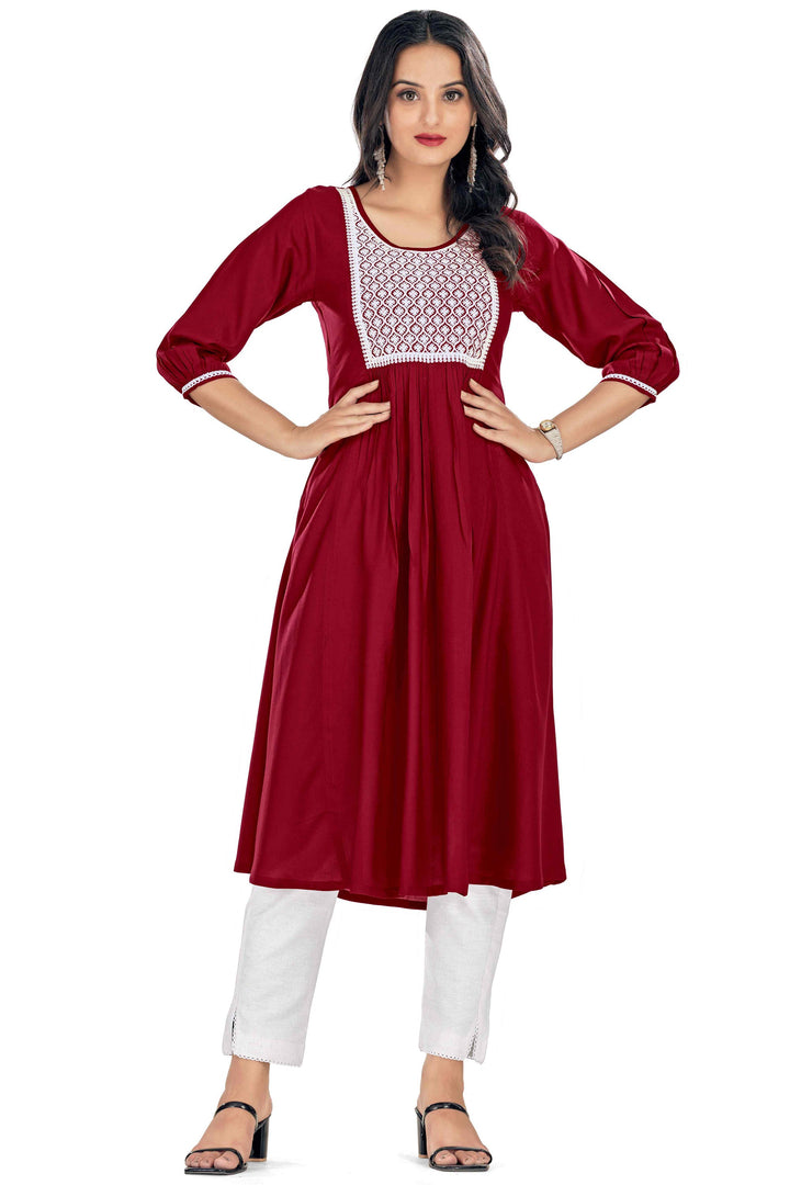 Tempting Rayon Fabric Maroon Color Readymade Embroidered Kurti | Buy Online India