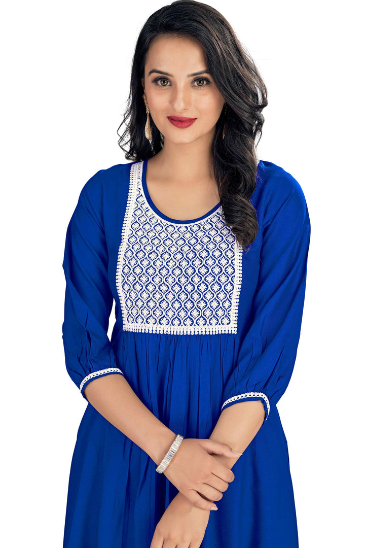 Bewitching Rayon Fabric Readymade Embroidered Kurti In Blue Color | Buy Online India