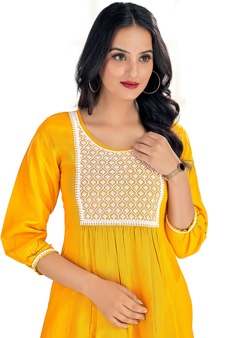 Appealing Yellow Color Rayon Fabric Readymade Embroidered Kurti | Buy Online India
