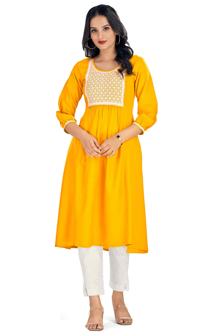 Appealing Yellow Color Rayon Fabric Readymade Embroidered Kurti | Buy Online India