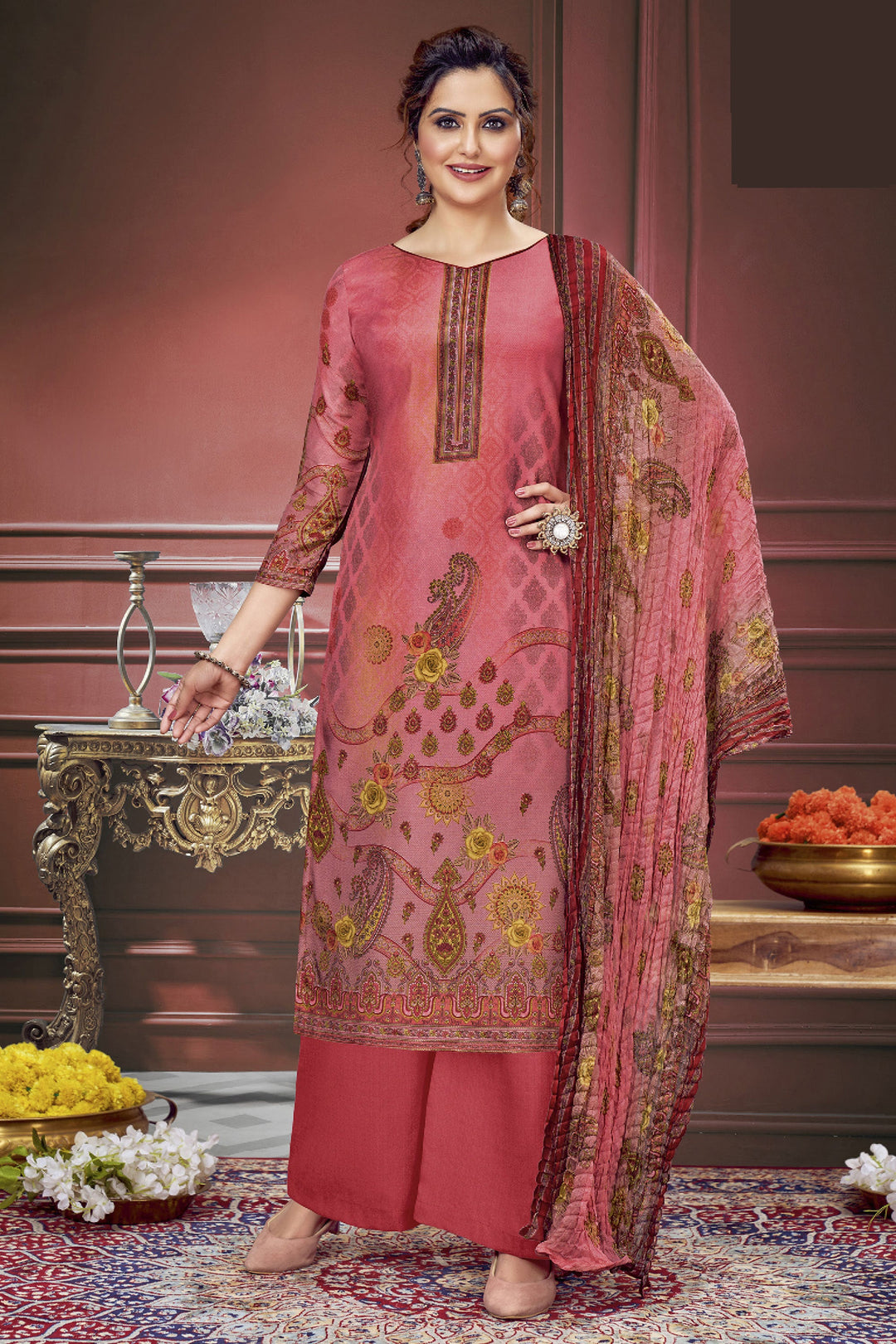 Engaging Pink Color Muslin Fabric Salwar Suit With Printed Work | Buy Online India