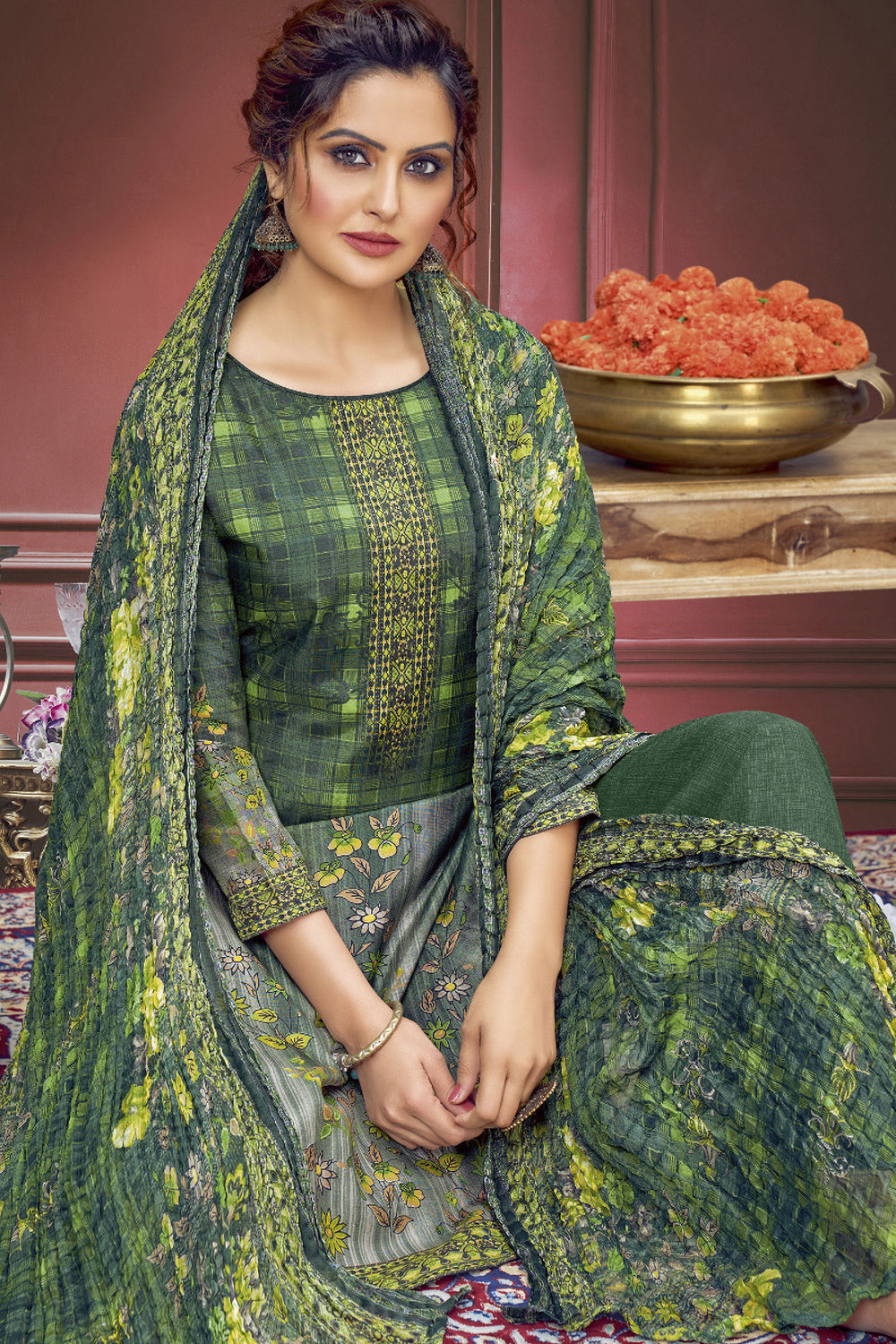 Classic Printed Work On Green Color Salwar Suit In Muslin Fabric | Buy Online India