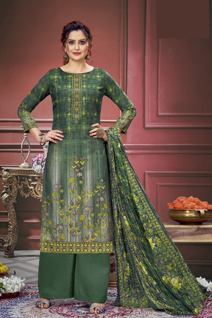 Classic Printed Work On Green Color Salwar Suit In Muslin Fabric | Buy Online India