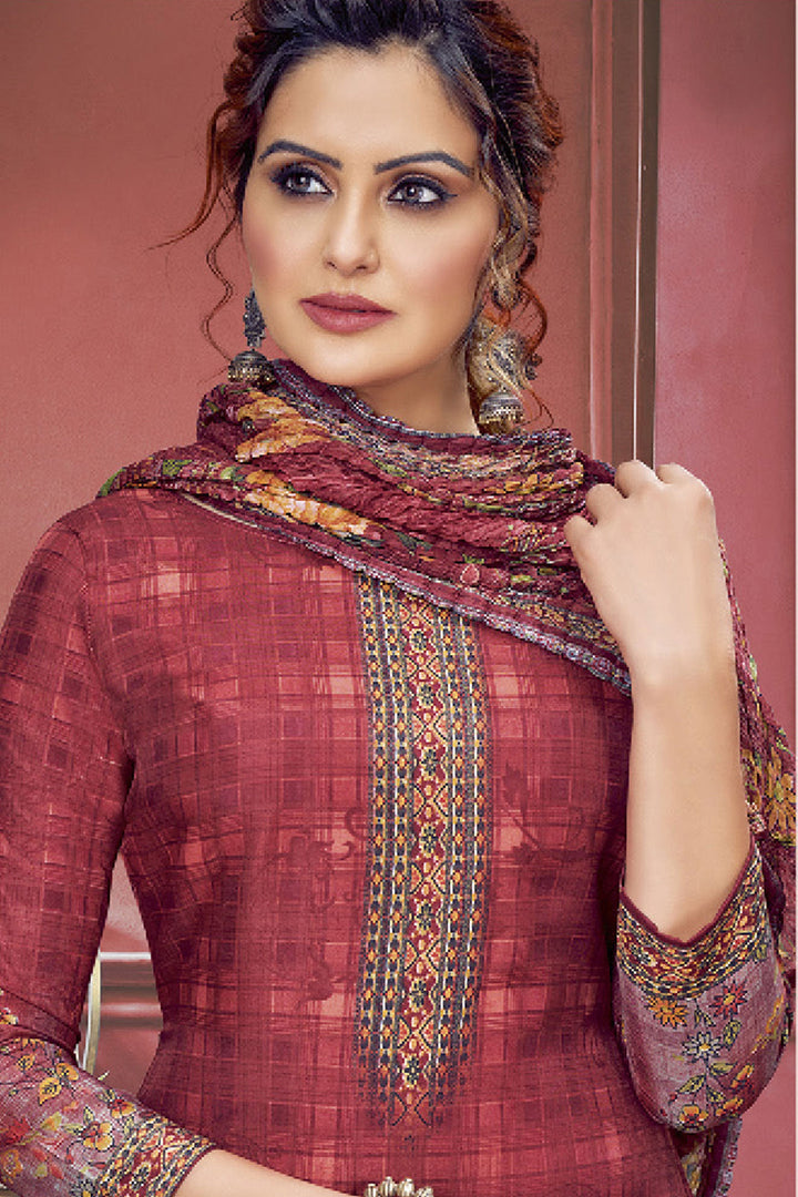 Muslin Fabric Maroon Color Salwar Suit With Winsome Printed Work | Buy Online India