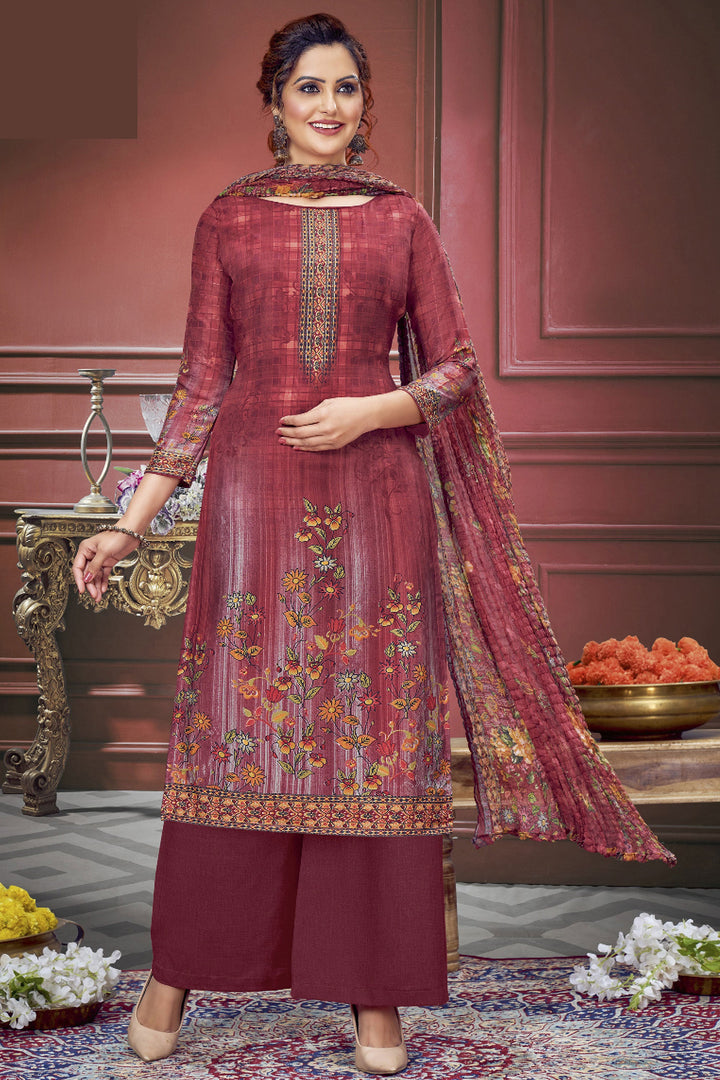 Muslin Fabric Maroon Color Salwar Suit With Winsome Printed Work | Buy Online India