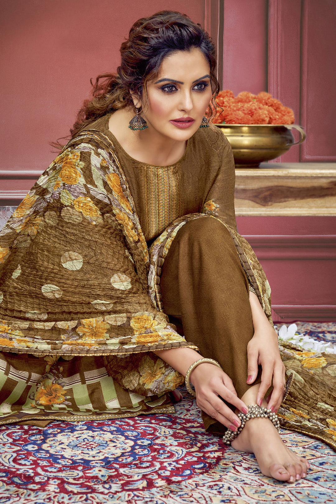 Marvellous Printed Work On Muslin Fabric Salwar Suit In Chikoo Color | Buy Online India