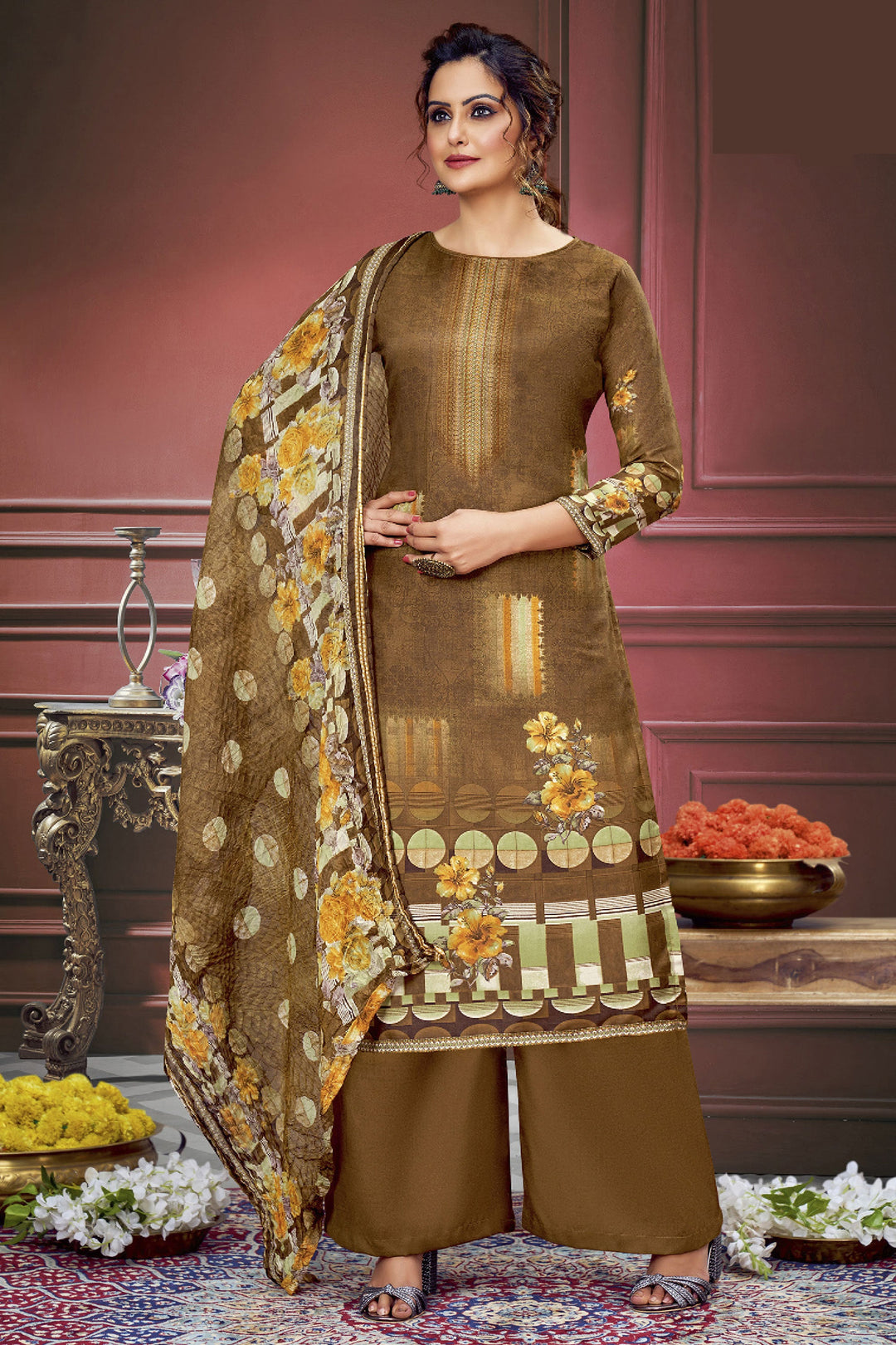 Marvellous Printed Work On Muslin Fabric Salwar Suit In Chikoo Color | Buy Online India