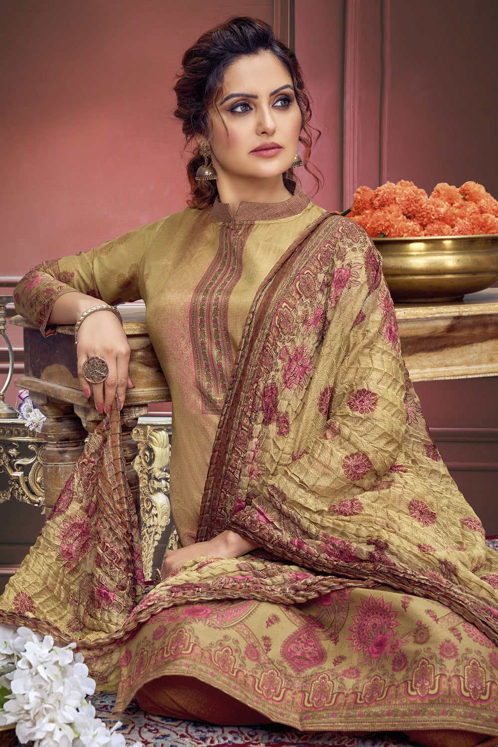 Amazing Beige Color Muslin Fabric Salwar Suit With Printed Work | Buy Online India