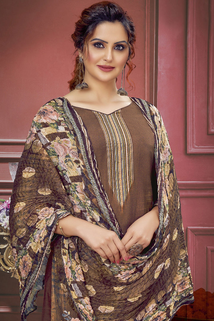 Solid Muslin Fabric Printed Work On Salwar Suit In Coffee Color | Buy Online India