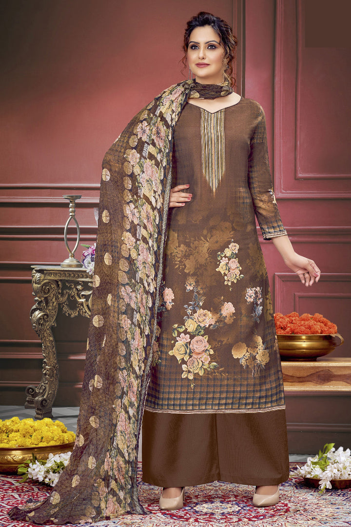 Solid Muslin Fabric Printed Work On Salwar Suit In Coffee Color | Buy Online India