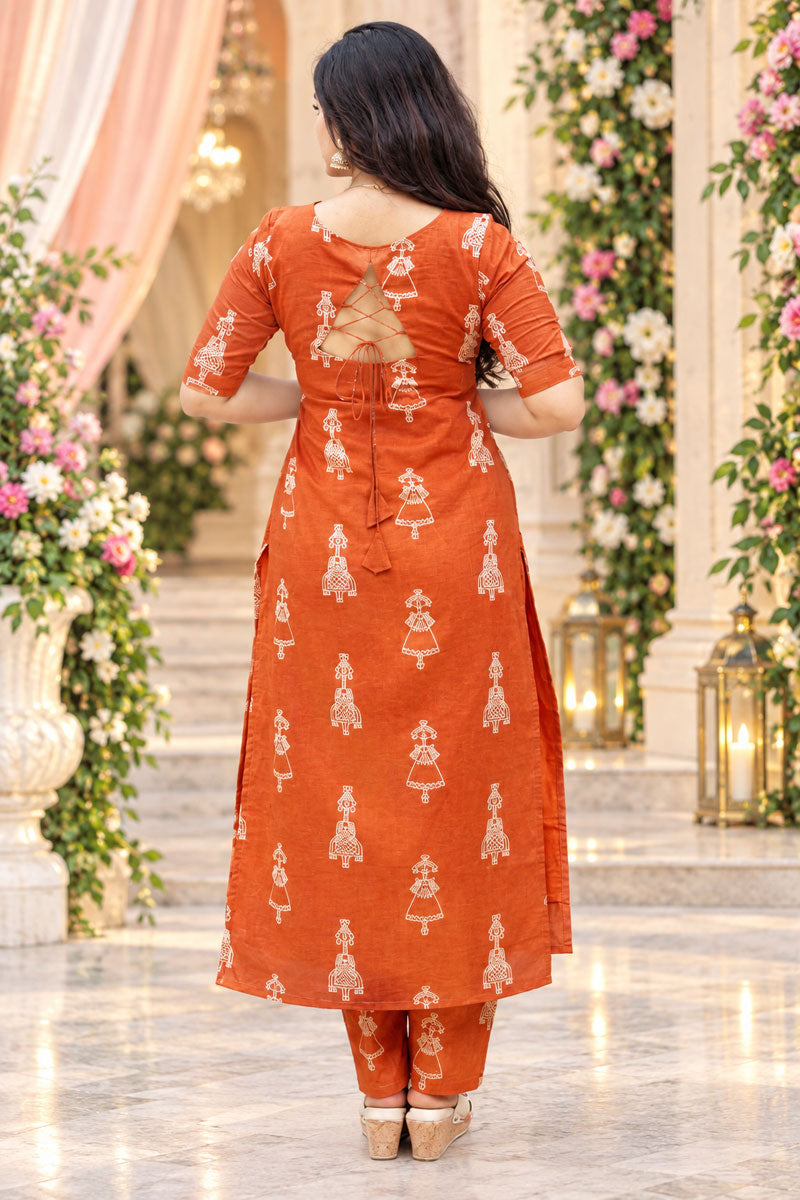 Orange Stylish Cotton Readymade Kurti With Bottom