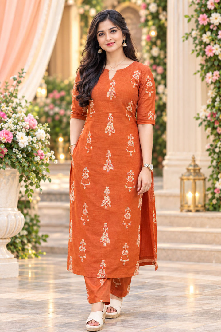 Orange Stylish Cotton Readymade Kurti With Bottom