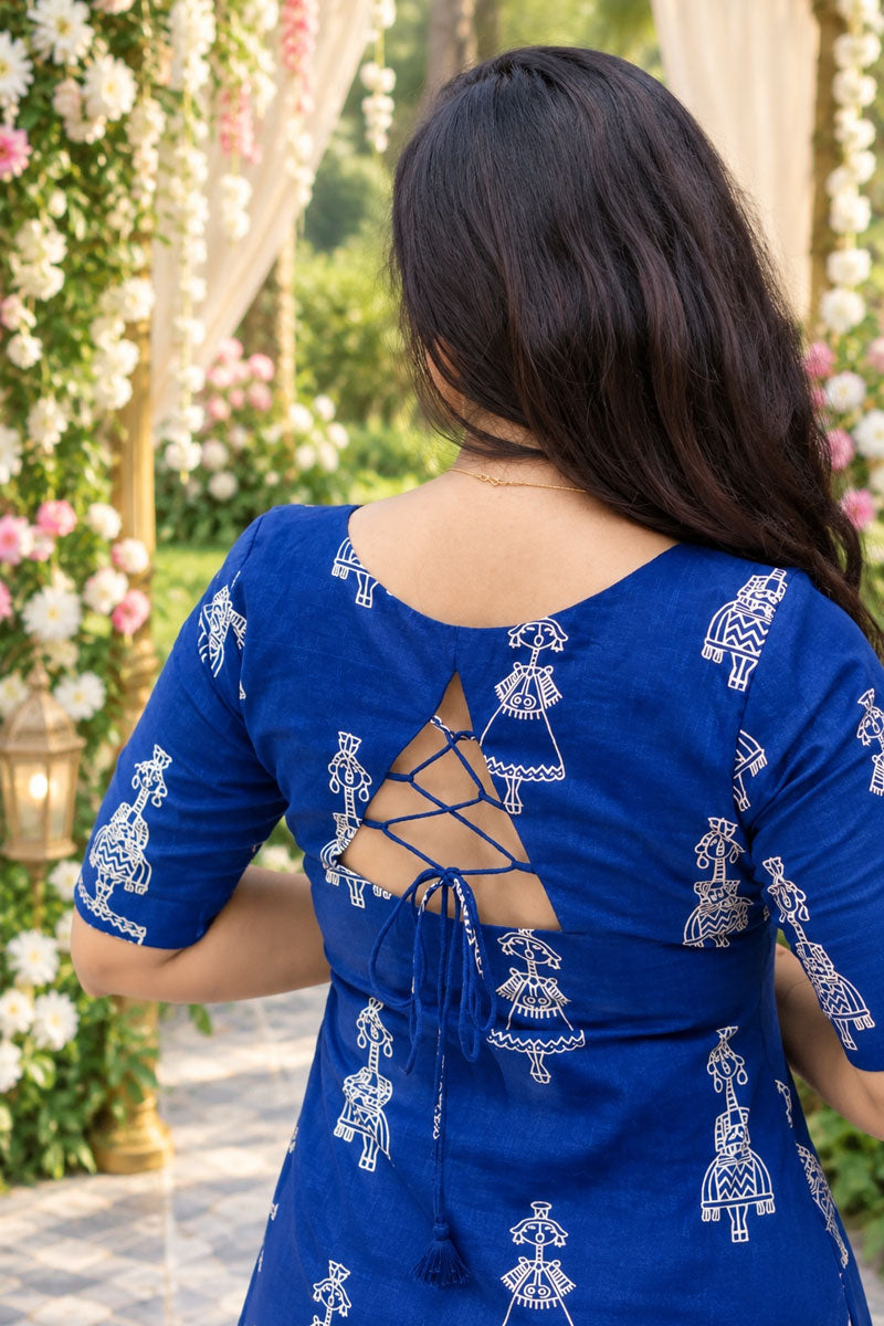 Blue Color Cotton Readymade Kurti With Bottom