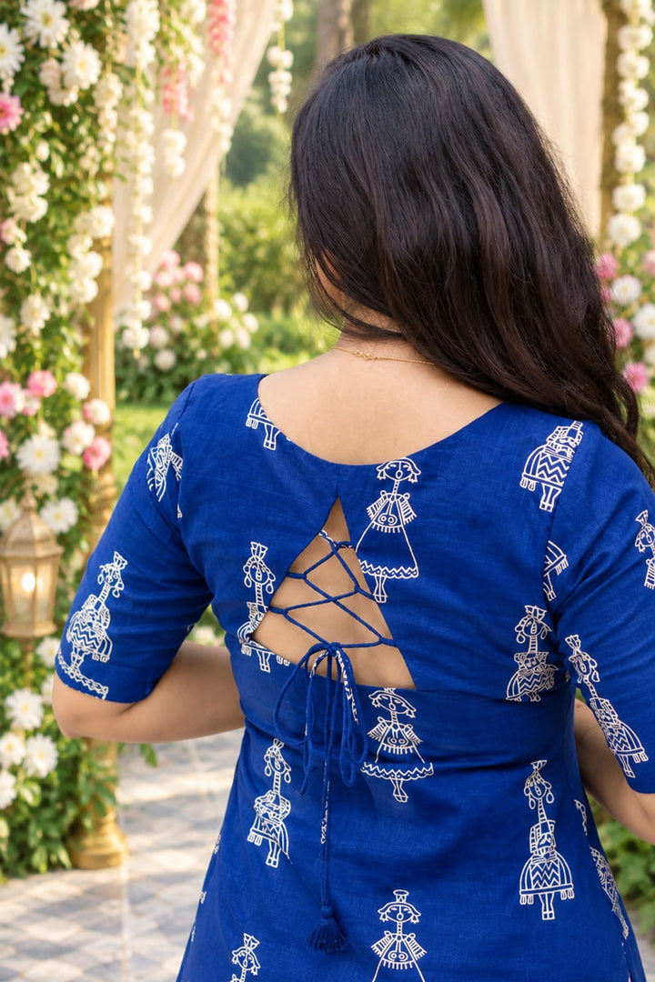 Blue Color Cotton Readymade Kurti With Bottom