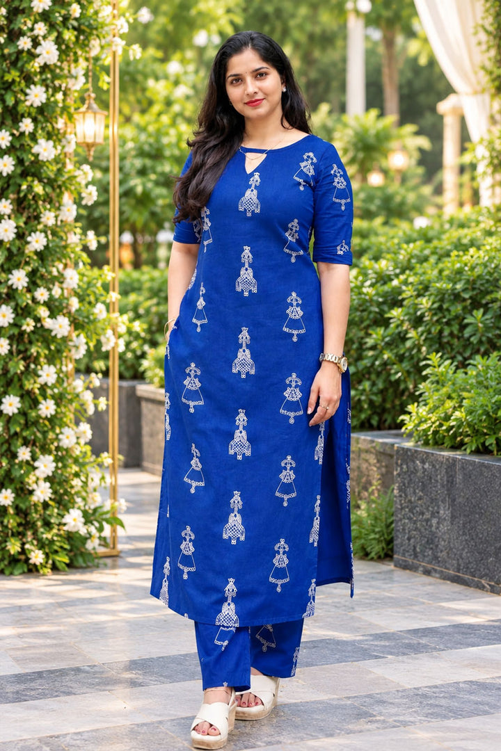 Blue Color Cotton Readymade Kurti With Bottom