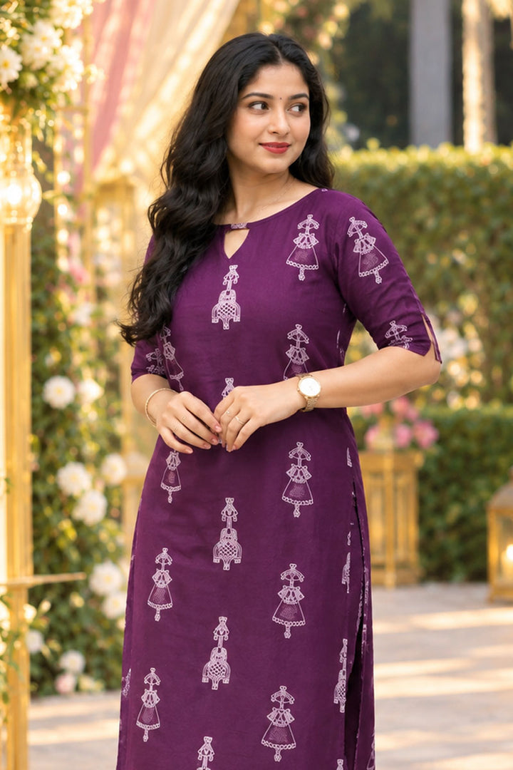 Purple Color Cotton Glamorous Readymade Kurti With Bottom