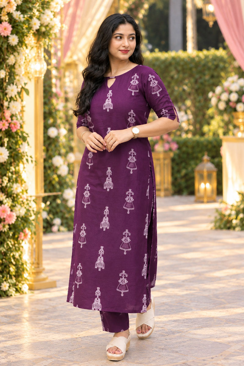 Purple Color Cotton Glamorous Readymade Kurti With Bottom
