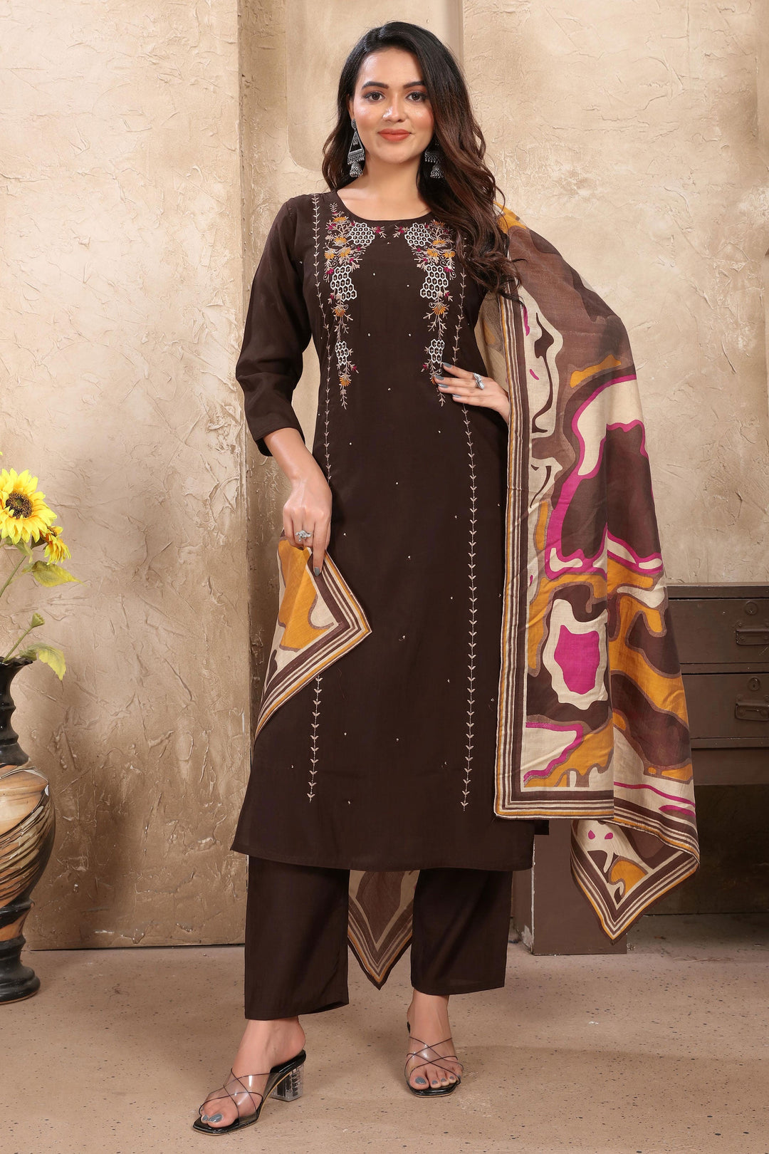 Glorious Festive Wear Brown Color Readymade Art Silk Salwar Suit | Buy Online India