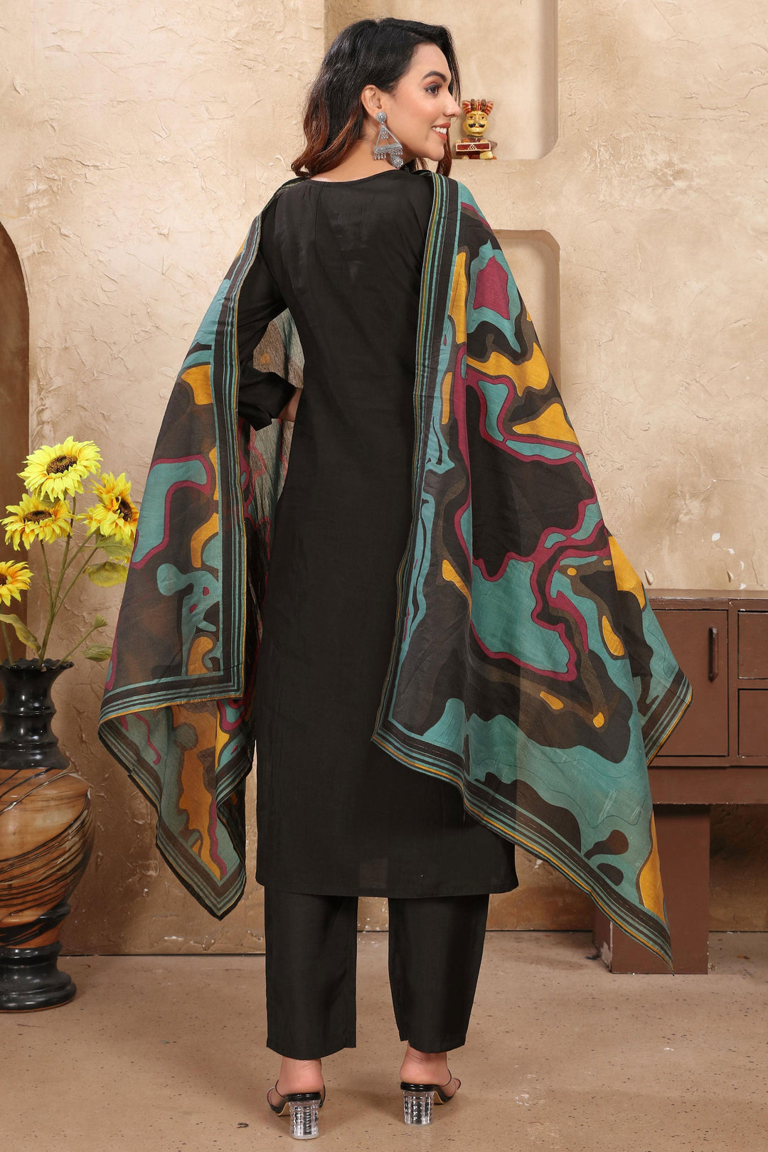 Attractive Festive Wear Black Color Readymade Art Silk Salwar Suit | Buy Online India