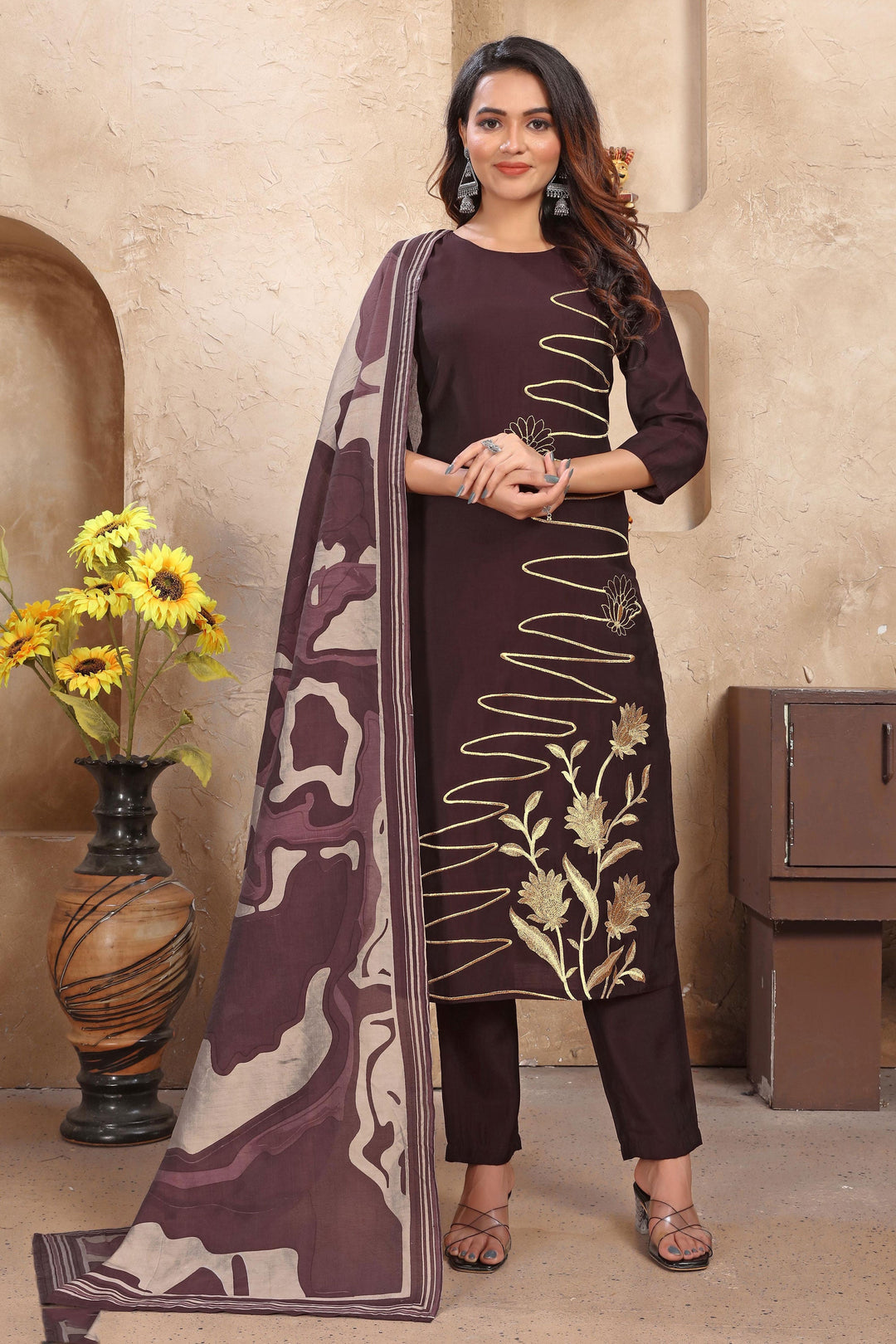 Radiant Maroon Color Festive Wear Readymade Art Silk Salwar Suit | Buy Online India