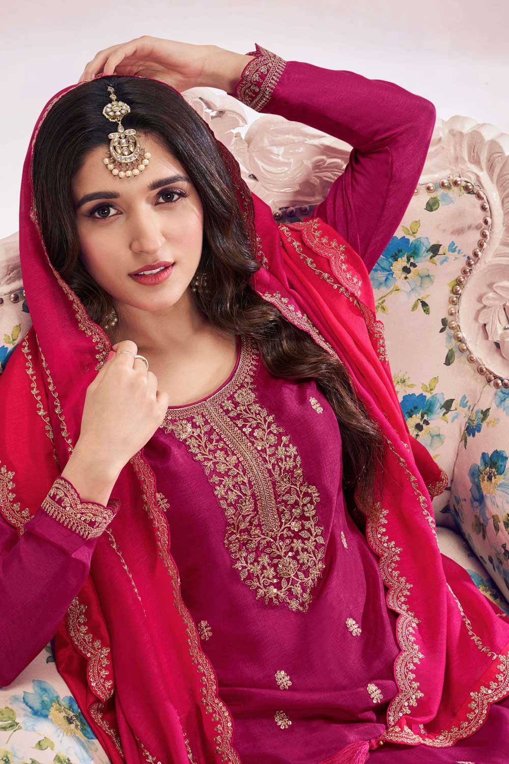 Nidhi shah Charming Rani Color Vichitra Fabric Palazzo Suit | Buy Online India