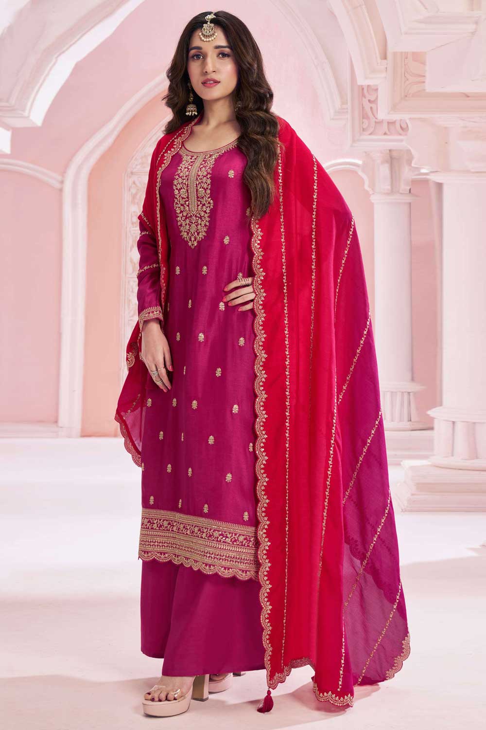Nidhi shah Charming Rani Color Vichitra Fabric Palazzo Suit | Buy Online India