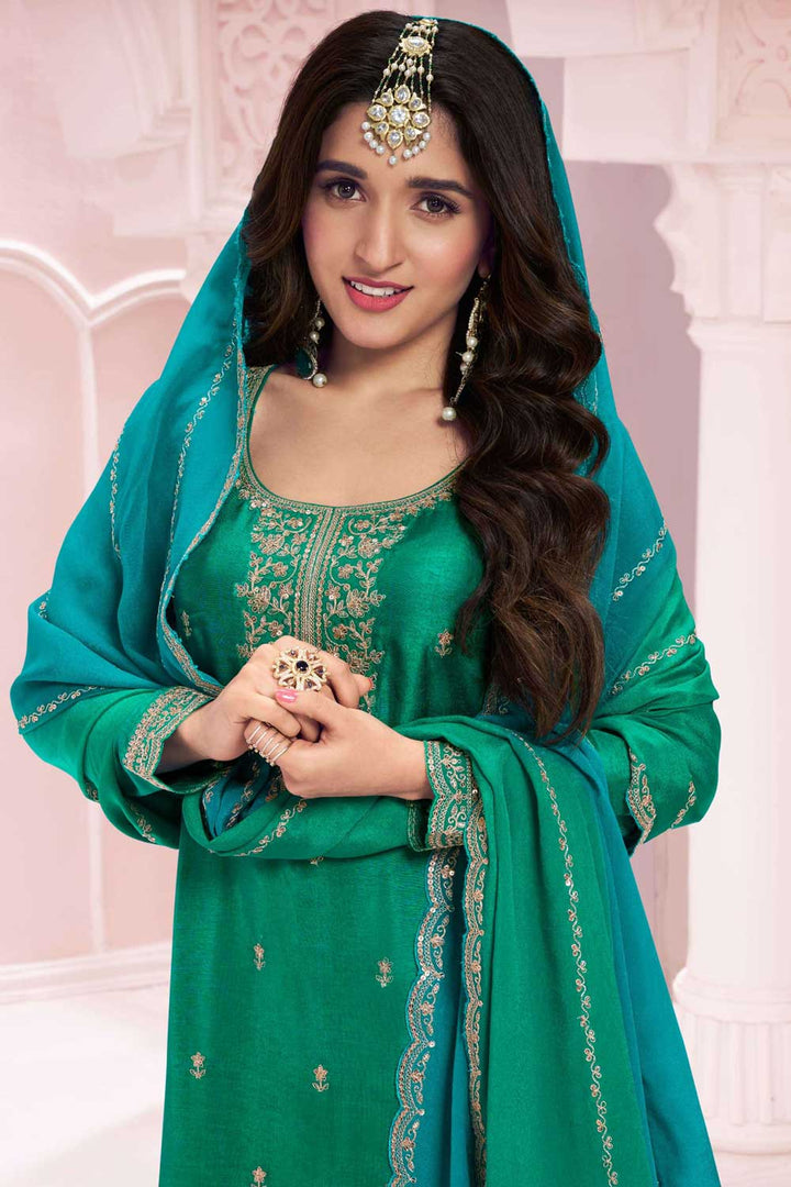 Nidhi shah Vichitra Fabric Green Color Supreme Palazzo Suit | Buy Online India