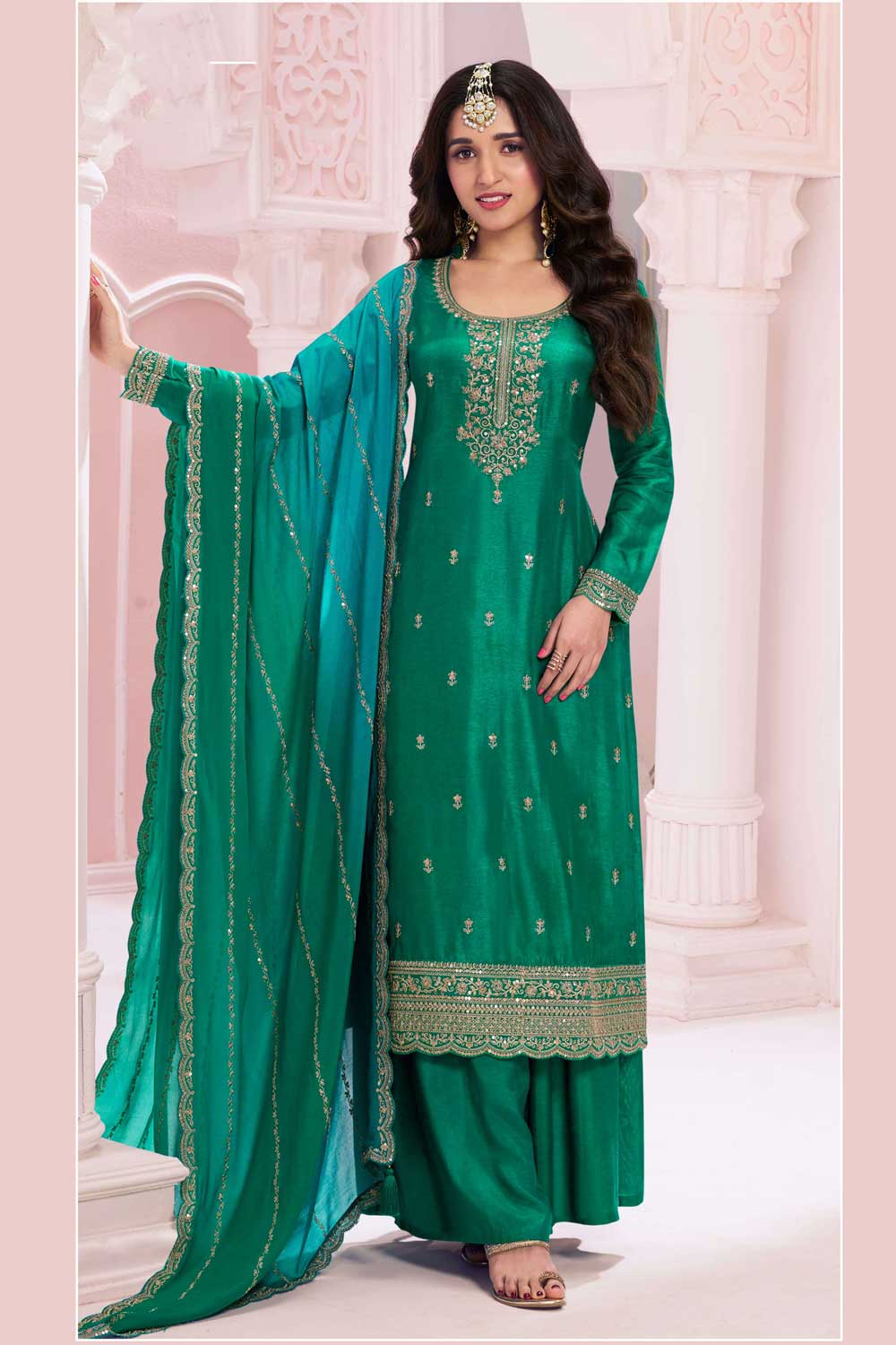 Nidhi shah Vichitra Fabric Green Color Supreme Palazzo Suit | Buy Online India