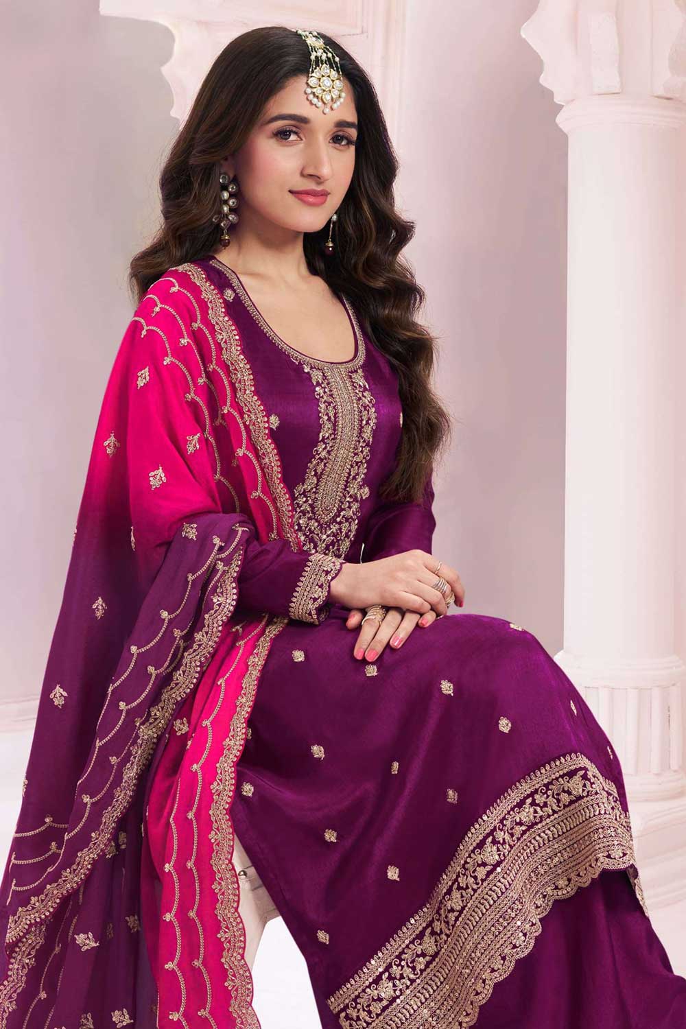 Nidhi shah Alluring Vichitra Fabric Wine Color Palazzo Suit | Buy Online India