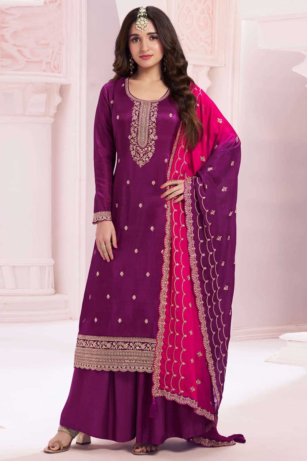 Nidhi shah Alluring Vichitra Fabric Wine Color Palazzo Suit | Buy Online India