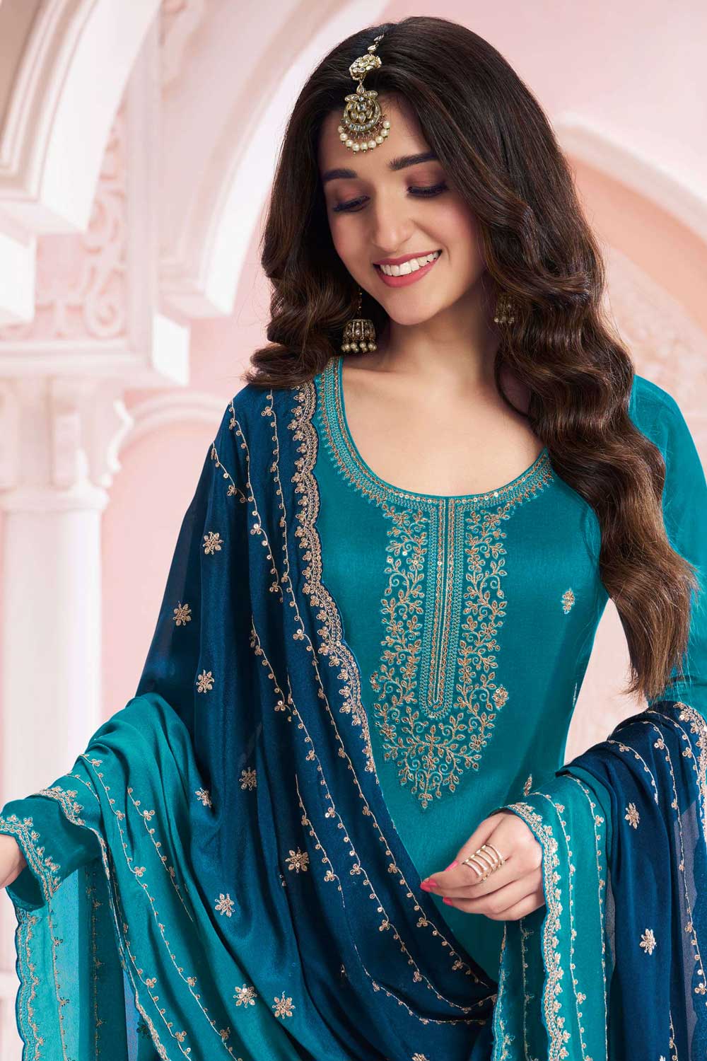 Nidhi shah Excellent Vichitra Fabric Teal Color Palazzo Suit | Buy Online India